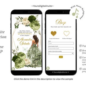 Mexican Sage Green Princess Quinceañera Mobile Invite, Gold Crown Quince Tiara 16th, Sage Floral Butterfly RSVP, Mis Quince XV Mini Web Q34
