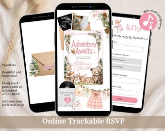 Adventure Awaits Forest Woodland Animals Girl Baby Shower Invitation, Baby Clothes Clothesline Boy Baby Shower, Editable Canva Website C262