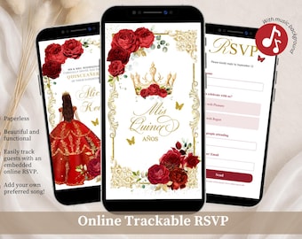 Invitación móvil elegante princesa roja Quinceañera, mariposa floral de cuento de hadas Quince Tiara XV invitación, Canva editable Mis Quince Años XV A22