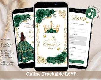 Invitación a Quinceañera Princesa Verde Esmeralda, Invitación a Quince Tiara XV de Mariposa Floral de Cuento de Hadas, Canva Editable Elegante Mis Quince Años XV A22