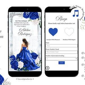Fairytale Royal Blue Castle Mexican Girl Mini Website, Blue Floral Princess Quinceañera Invite, Mis Años XV, Silver Quince Tiara RSVP Q4