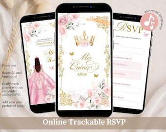 Invitación elegante de quinceañera princesa de oro rosa, confirmación de asistencia de quinceañera de cuento de hadas rosa, invitación XV de mariposa floral rosa, Canva Mis Quince Años XV A22