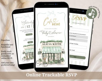 Sage Green Bonjour Bebe Parisian Cafe Invitation, French Paris Bakery Baby Shower Invite, Canva Website Coquette Patisserie Baby Shower C94