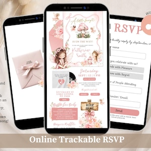 Op de afbeelding: Drie smartphones tonen een digitale uitnodigingsset voor een babyshower met een feeën- en paddenstoelenthema. De schermen tonen een roze envelop, een gedetailleerde uitnodiging met tekst en een online RSVP-formulier met gastgegevens.