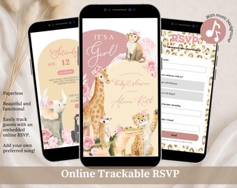 Invitación para baby shower de niña con temática bohemia rosa y vegetación estilo safari, Invitación para baby shower "Es una niña", Sitio web Canva Baby Shower Animales de la Selva C251