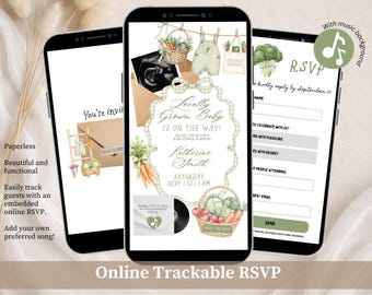 Locally Grown Farmer's Market Baby Shower Invitation, Vegetables Baby Shower Invite, Sage Green Mom To Be Editable Canva Website C266
