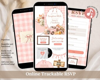 Blush Pink Gingham Pumpkin Patch Birthday Invitation, Autumn Fall Girl Birthday, Coquette Bow Kids Birthday Editable Canva Website C255