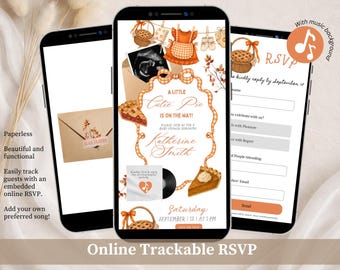 Fall Bow Coquette Pie Baby Shower Invitation, Our Little Cutie Pie Is On The Way Baby Shower, Plaid Baby Shower Canva Editable Website C266