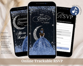 Invitación de quinceañera azul plateado con noche estrellada, Una noche bajo las estrellas, RSVP de dulces 16 con cielo nocturno celestial, Mis Quince XV Mini Web Q35S