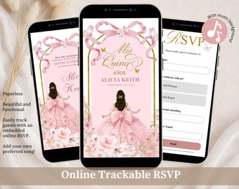 Canva Editable Blush Pink Bow Coquette Quinceañera Invitación, Pink Floral Butterfly Sweet 16th, Editable Mis Quince XV Años Online RSVP A18