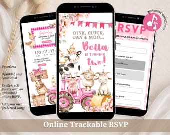 Blush Pink Girl Cute Farm Animals Birthday Invitation, Oink, Cluck, Baa, & Moo! Birthday Invite, Canva Website Farmhouse Kids Birthday C239