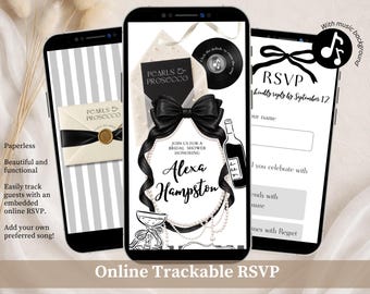 Black Bow Pearl and Prosecco Bridal Shower Invitation, Chamagne Bridal Shower Invite, Elegant Bride to be Editable Canva Website C83