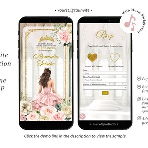 Blush Pink Princess Quinceañera Mobile Invite, Ivory Floral Royal Ballroom RSVP, Gold Pillar Garden Quinceanera, Mis Quince XV Mini Web A12