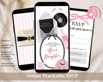 Blush Pink Pjs and Prosecco Bachelorette Website Itinerary Template, Coquette Bow Bachelorette Itinerary Editable Canva Invitation C83