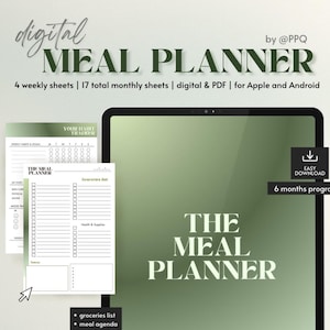 Può includere: Pianificatore di pasti digitale con un design verde e bianco. L'immagine include un tablet che mostra le parole "THE MEAL PLANNER" e un esempio delle pagine del pianificatore. Il pianificatore include fogli settimanali e mensili, tracker delle abitudini e una lista della spesa.