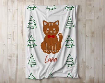 Velveteen Plush Blanket, Gingerbread Cat Custom Name Personalized Throw, Cozy Christmas Gift, Holiday Bedding Decor, Winter Home Decor, Soft