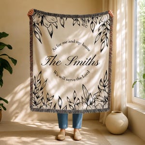 Personalized Family Scripture Blanket, Custom Last Name Woven Throw, As For Me And My House, Joshua 24 15 Gift, Black and White Floral Decor