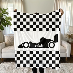 Personalized Race Car Checkered Velveteen Plush Blanket, Custom Name Blanket, Gift for Racing Enthusiast, Cozy Home Decor, Birthday