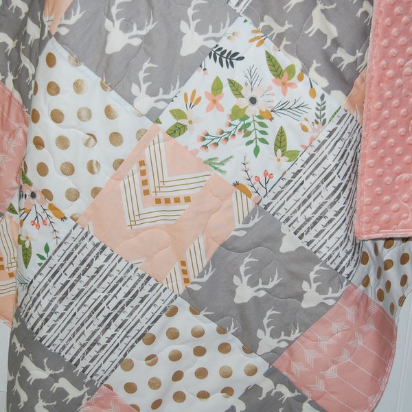 woodland baby girl quilt- arrow baby quilt- floral baby quilt- baby girl bedding--minky baby quilt- gray baby quilt- arrow baby quilt