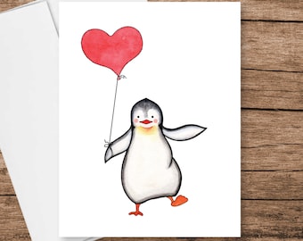 Cute Penguin with Heart Balloon Card & Envelope, Friendship, Grandchildren, Thinking of You, Blank Card - 4.25”x5.5” Free Shipping