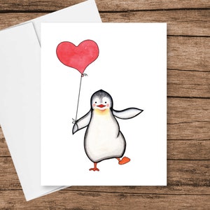 Pingouin mignon avec carte et enveloppe de ballon en cœur, amitié, petits-enfants, en pensant à vous, carte vierge - 4.25 « x5.5 » Envoie gratuit