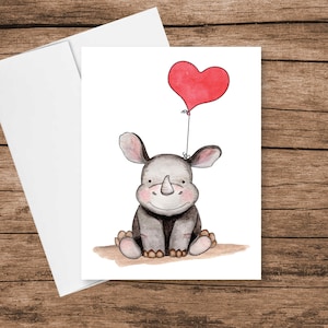 Joli rhinocéros aquarelle avec carte ballon coeur et enveloppe, amitié, petits-enfants, pensant à vous, carte vierge - 4,25 "x5,5" livraison gratuite