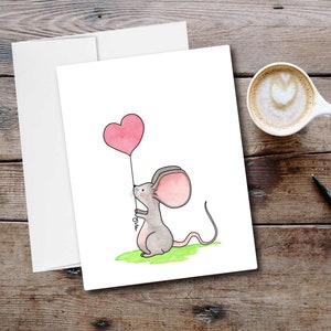 Aquarelle Baby Mouse avec carte et enveloppe Heart Balloon, Amitié, Petits-enfants, En pensant à vous, Carte vierge - 4.25 « x5.5 » Livraison gratuite