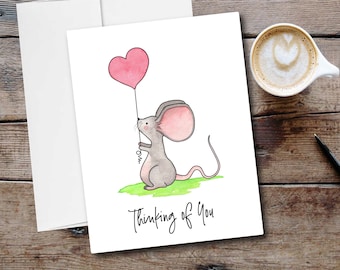 Thinking of You Watercolor Mouse with Heart Balloon Card & Envelope, Friendship, Grandchildren, Blank Card - 4.25”x5.5” Free Shipping