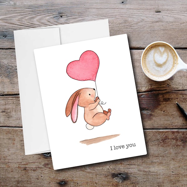 I Love You Sweet Bunny with Heart Balloon Card & Envelope, Friendship, Grandchildren, Thinking of You, Blank Card - 4.25”x5.5” Free Shipping