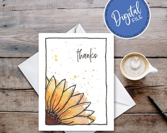 Carte de remerciement et enveloppe imprimables de tournesol d’aquarelle pour montrer l’appréciation et la gratitude - 4.25x5.5" - Fichier téléchargeable instantané