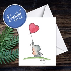 Elefante con tarjeta de globo de corazón y sobre para cumpleaños, amistad, pensando en ti, tarjeta en blanco - 4.25x5.5" - Archivo descargable instantáneo