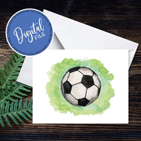 Watercolor Soccer Ball Card and Envelope for Coach, Player, Team, Thank You, Birthday, Year End Party - 4.25x5.5" Instant Downloadable File