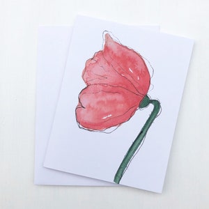 Single Red Poppy Card & Envelope for Friend, Loved One, Thinking of You, Birthday, Watercolor Floral - 4.25”x5.5” Free Shipping