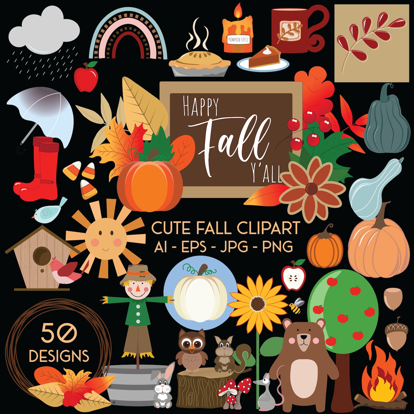 Cute Fall Clipart
 Cute Fall Clipart Vectors AI EPS Jpg Pumpkins Etsy Canada