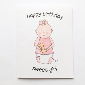 Happy 1st Birthday Girl Card & Envelope pour célébrer la fille, nièce, petite-fille, filleule - 4.25 « x5.5 » Livraison gratuite