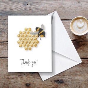 Aquarelle Nid d’abeille et abeille Carte de remerciement et enveloppe pour ami, enseignant, bénévole, mentor - 4.25 « x5.5 » - Livraison gratuite