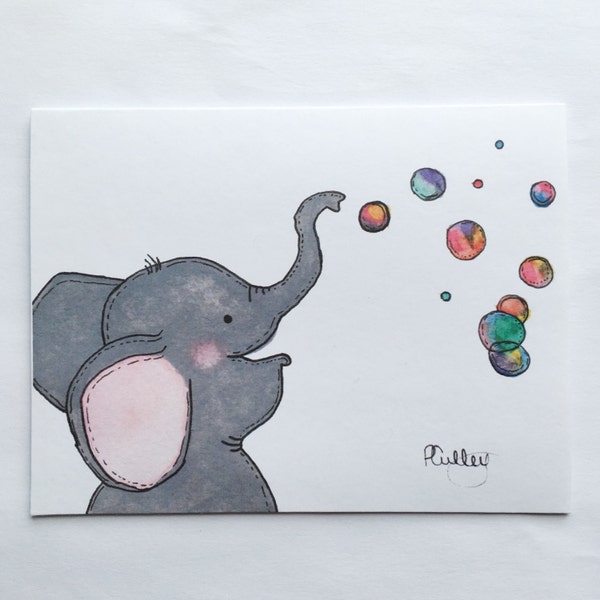 Elephant Bubbles Card & Envelope to send Love and Cheer, for Friend, Child, Birthday, Teacher note, Welcome Baby - 4.25”x5.5” Free Shipping