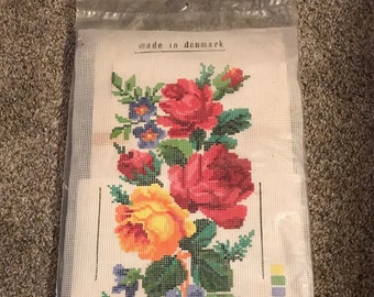 Vintage—Danish Needlepoint Kit—CEWEC—Made In Denmark—#C 28-32—Floral With Roses—6-1/2” X 16”