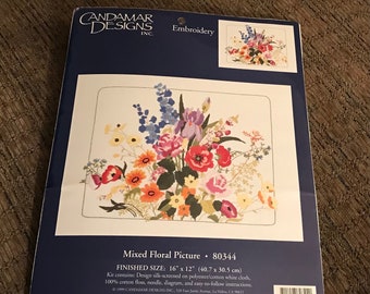 1999–Candamar—Embroidery—Mixed Floral Picture—#80344–New Old Stock—16” x 12”—Factory Sealed—Hard To Find