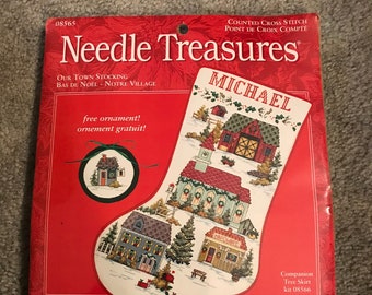 Needle Treasures—OUR TOWN—Christmas Stocking Kit—Counted Cross Stitch—New Old Stock—Factory Sealed