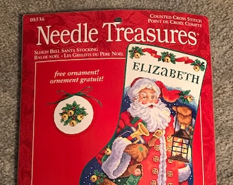 Needle Treasures—Sleigh Bell Santa—Stocking Kit #08536–Counted Cross Stitch—Factory Sealed