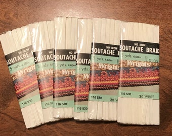 6–Vintage—Packages—Wrights—Soutache Braid—New Old Stock—#30 White—30 Yards Total