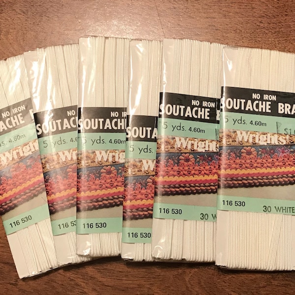 6–Vintage—Packages—Wrights—Soutache Braid—New Old Stock—#30 White—30 Yards Total