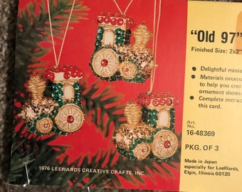 Vintage—LeeWards—OLD 97–Trains—Sequin & Beads—Christmas Ornaments KIT—Push Pin—New Old Stock