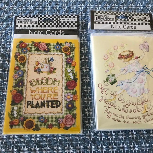 2–Mary Engelbreit—Sets—Note Cards—Bloom Where Planted—Let Us Be Grateful—New Old Stock