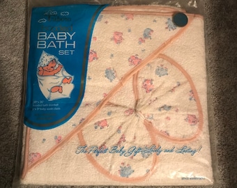 Vintage—Triboro—Baby Bath Set—Hooded Towel & Matching Wash Cloth—Pink And Blue—Cannon Terry Cloth—New Old Stock—1970’s