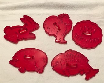 5–Vintage—HRM—Cookie Cutters—Rooster—Rabbit—Pig—Fish—Happy Birthday