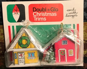 Vintage-New Old Stock—Doubl Glo—2-Christmas House Ornaments—Putz Style Cardboard Houses—NOS—Factory Sealed