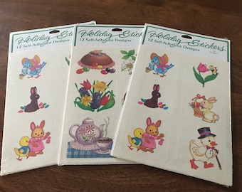 3–Packages—Vintage—EASTER—Stickers—12 In Each Pack—36 Stickers In All—Rabbits-Ducks-Flowers-Cross-Decorated Eggs—Factory Sealed