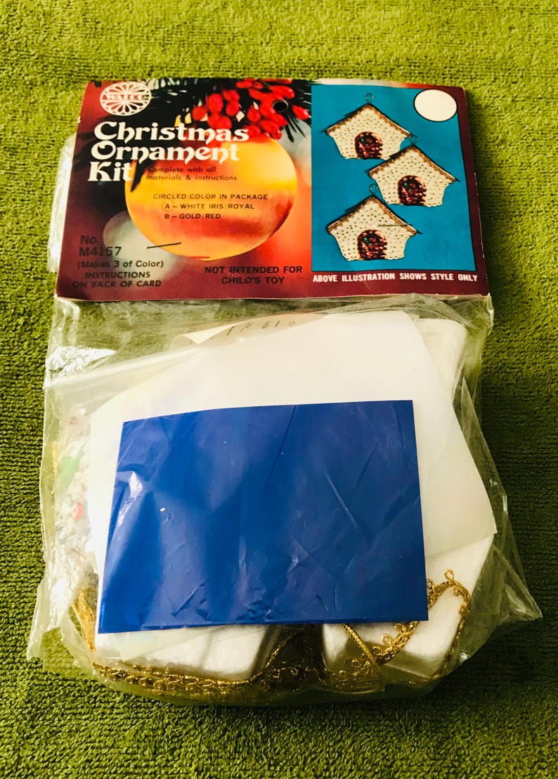 Vintage—1974–Walco—Jeweled—CHRISTMAS COTTAGES—Ornaments Kit—Makes 3–New Old Stock—Sealed image 2